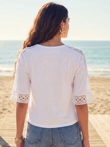 CAJUNI Women's Solid Color Round Neck Short Sleeve Contrast Lace Casual T-Shirt - White - View 2