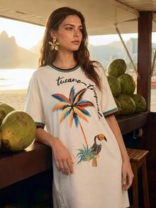 CAJUNI Women's Vacation Coconut Tree Print Colorblock Dress - Multicolor - View 1