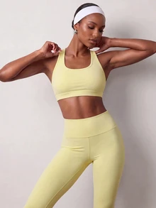 Zivah Women's Solid Color Cropped Halter Tank Top And Leggings Sports Set - Yellow - View 1