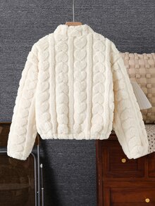 SHEIN Sparklyn 青少年女孩愛心毛絨可愛舒適拉鍊長袖外套，適合外出穿著 - 白色 - 查看 2