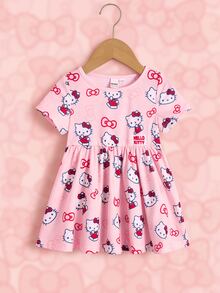 HELLO KITTY AND FRIENDS | SHEIN فستان صيفي كاجوال يومي مطبوع برسومات كرتونية ومكسر للبنات الصغيرات - وردي - مشاهدة 3