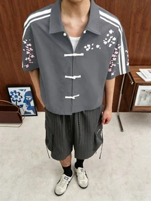 TOKVUE 男士日中風運動短袖襯衫，方正短版剪裁，櫻花青蛙鈕扣條紋，街頭風，日常穿搭，粉色與灰色夏季款 - 深灰色 - 查看 3