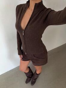 Aloruh 女款秋冬新款休閒街頭風日常運動高領羅紋黃色雙拉鍊修身長袖開襟針織衫 - 咖啡棕 - 查看 5