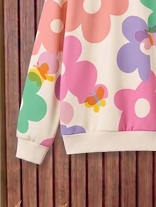 Young Girls' Sweatshirt Set, Round Neck Long Sleeve, Loose Straight Leg Pants. Beige Background With Macaron Colorful Large Floral Print, Soft And Skin-Friendly Fabric - Multicolor - View 4