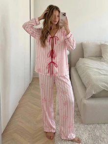 Livesso Women's Striped Front Tie Long Sleeve Top And Pants Pajama Set Fall - Pink - View 7