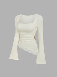 Sweetra Bộ 2 món nữ xuân/thu màu mơ, áo cổ vuông tay loe phối ren vạt bất đối xứng và quần ống rộng suông rủ - Màu be - Xem 11