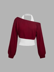 SHEIN MOD 女款 2 合 1 長袖休閒掛脖衛衣 - 酒紅色 - 查看 1