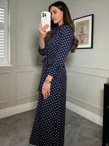 SHEIN Clasi 女款休閒波點印花長洋裝，秋季 - 藏蓝色 - 查看 3