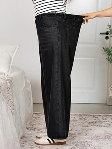 SHEIN CURVE+ 大尺碼女款休閒日常牛仔褲，附口袋與鈕扣設計 - 黑色 - 查看 5