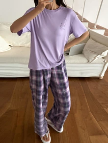 DAZY Women's Letter Print Drop Shoulder Sleeve Top And Plaid Long Pants Pajama Set - Purple - View 6