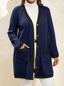Chikora Plus Size Women Elegant & Comfortable Metal Button Closure Long Warm Cardigan, Black & White - Navy Blue - View 5