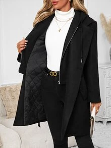 SHEIN Clasi Women's Solid Color Casual Versatile Winter Hooded Jacket - Black - View 7
