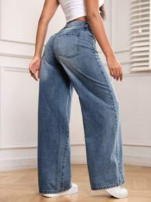 SHEIN PETITE Casual Washed Straight Leg Denim Jeans - Medium Wash - View 2