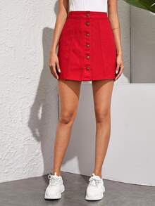 Breezaya Plus Size Summer Casual Front Button Denim Skirt - Red - View 5