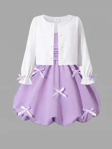 SHEIN Elladie kids 2件組女童幼兒套裝，溫柔女孩風白色長袖外套搭配粉色蝴蝶結細肩帶洋裝，薄款休閒日常度假春夏季 - 紫色 - 查看 6