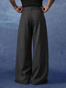 PAVTROS Men's Black Striped Long Pants, Button Fly Design, Minimalist Fashion Versatile Long Pants, Loose Casual Long Pants - Black - View 2