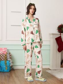 Chillnights طقم بيجامة نسائي بطبعة كاملة، ملابس علوية بأكمام طويلة وبنطلون، كاجوال للاستخدام اليومي والمنزلي - متعدد الألوان - مشاهدة 5