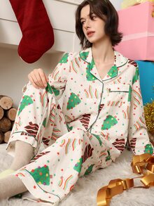 Chillnights طقم بيجامة نسائي بطبعة كاملة، ملابس علوية بأكمام طويلة وبنطلون، كاجوال للاستخدام اليومي والمنزلي - متعدد الألوان - مشاهدة 7