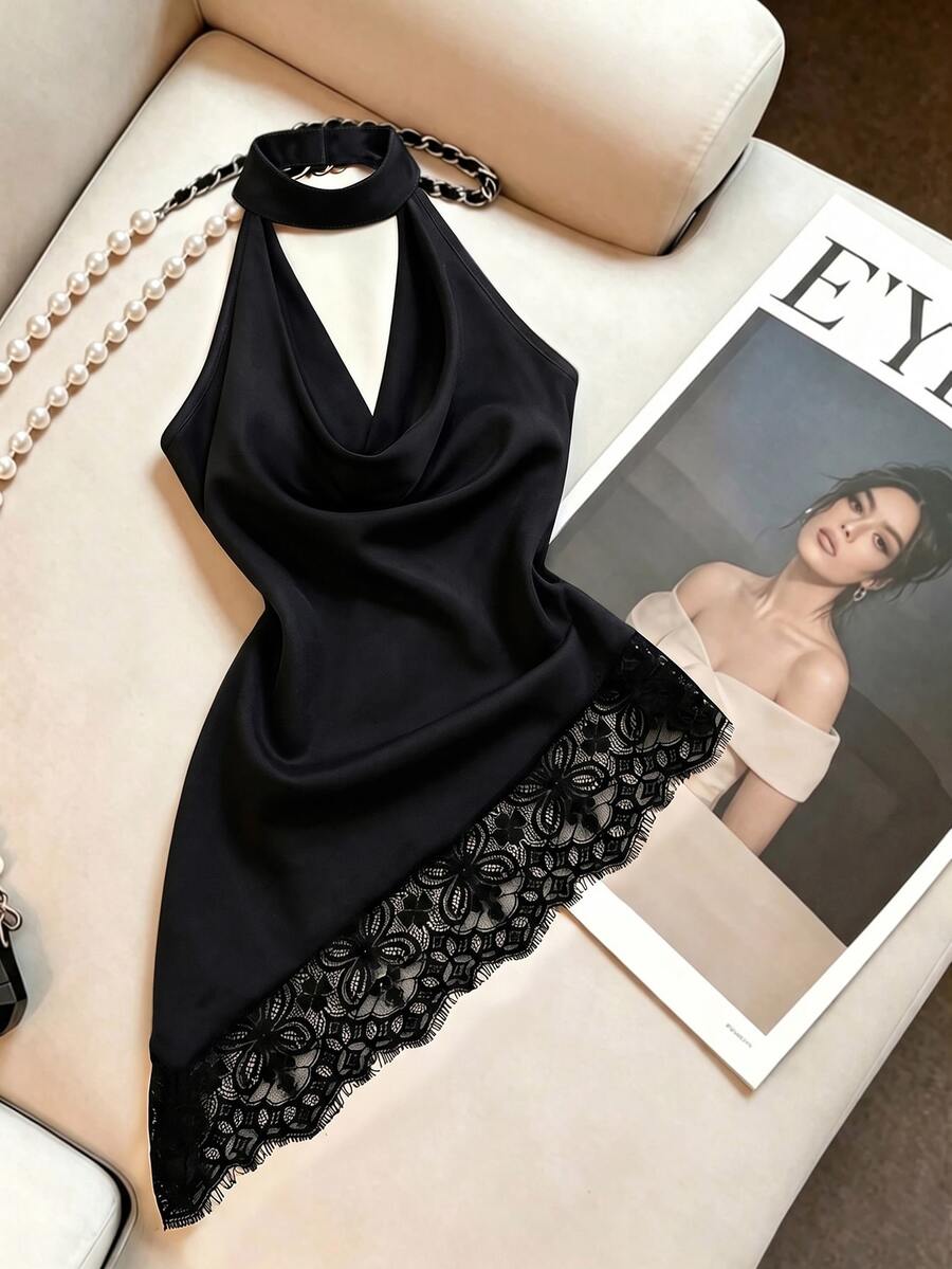SHEIN Franclia Atasan Wanita Model Halter Neck Kasual Serbaguna untuk Pemakaian Sehari-hari dengan Motif Renda dan Patchwork - Hitam - View 1
