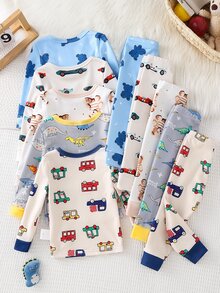 1 Set Randomly Sent Baby Boy Fashion Minimalist Cute Comfortable Cool Soft Skin-Friendly Thickened Winter Fitted Knitted Fleece Fabric Multi-Color Cartoon Car Teddy Bear Dinosaur Print Pattern Crew Neck Long Sleeve Pullover Top With Long Pants Pajama Set Homewear Set 2-Piece Set - Multicolor - View 4