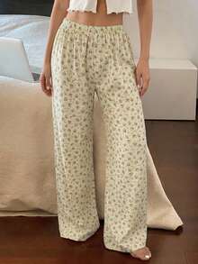 DAZY Sweet Ditsy Floral Long Straight Leg Pajama Pants, Summer Women's Loungewear Bottoms Fall - White - View 9