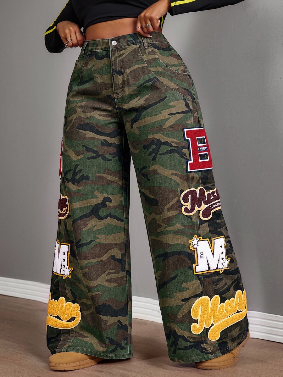 Slaydiva Plus Size Women Non-Stretch Denim Jeans Camouflage Print Design American Street Style Straight Leg Wide Leg Pants Cowboy Outfits For Women - Multicolor - View 1