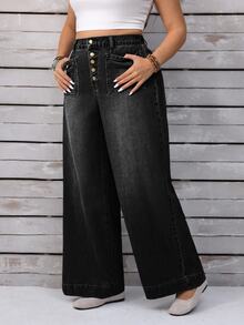 SHEIN CURVE+ Plus Size Women's Button Fly Casual Loose Wide Leg Denim Jeans - Black - View 9