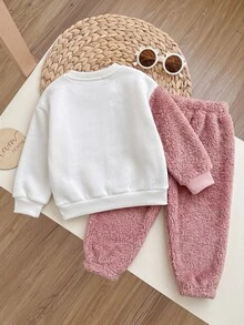 SHEIN 女嬰毛絨拼接抓絨運動衫與秋冬長褲套裝 - 粉色 - 查看 2