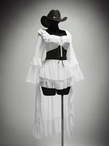 SHEIN ICON Gaun Ukuran Besar Warna Putih Hitam Kerah Persegi Depan Berkerut Pendek Belakang Panjang, Kostum Halloween Gaya Boho Gothic, Pesta Malam Gaya Kapten Istana Musim Gugur - Hitam dan Putih - View 10