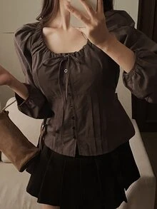 DAZY 女款純色前綁帶單排扣休閒襯衫 度假風 - 棕色 - 查看 6