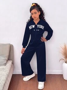 SHEIN 青少年女孩時尚簡約純色連帽拉鍊印字字母高腰秋冬連身褲 - 藏蓝色 - 查看 5