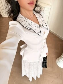 Modelyn Set 2 Potong Blus dan Rok Motif Polkadot Elegan untuk Wanita untuk Beraktivitas di Luar Rumah - Putih - View 6