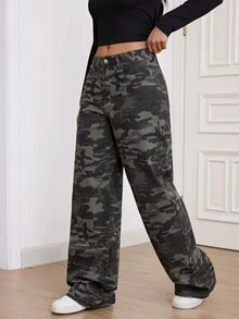 SHEIN Tall 女款迷彩寬腿寬鬆休閒牛仔褲，附口袋 - 軍綠色 - 查看 7