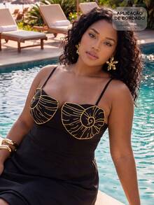 CAJUNI Plus Size Vacation Fashion Embroidered Spaghetti Strap Dress - Black - View 1
