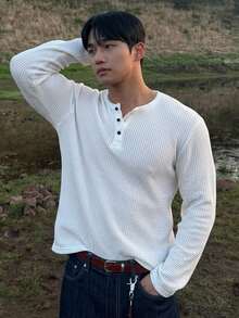 DAZY Spring/Autumn White Round Neck Half-Button Waffle Texture Fabric Long Sleeve Men's T-Shirt - White - View 7