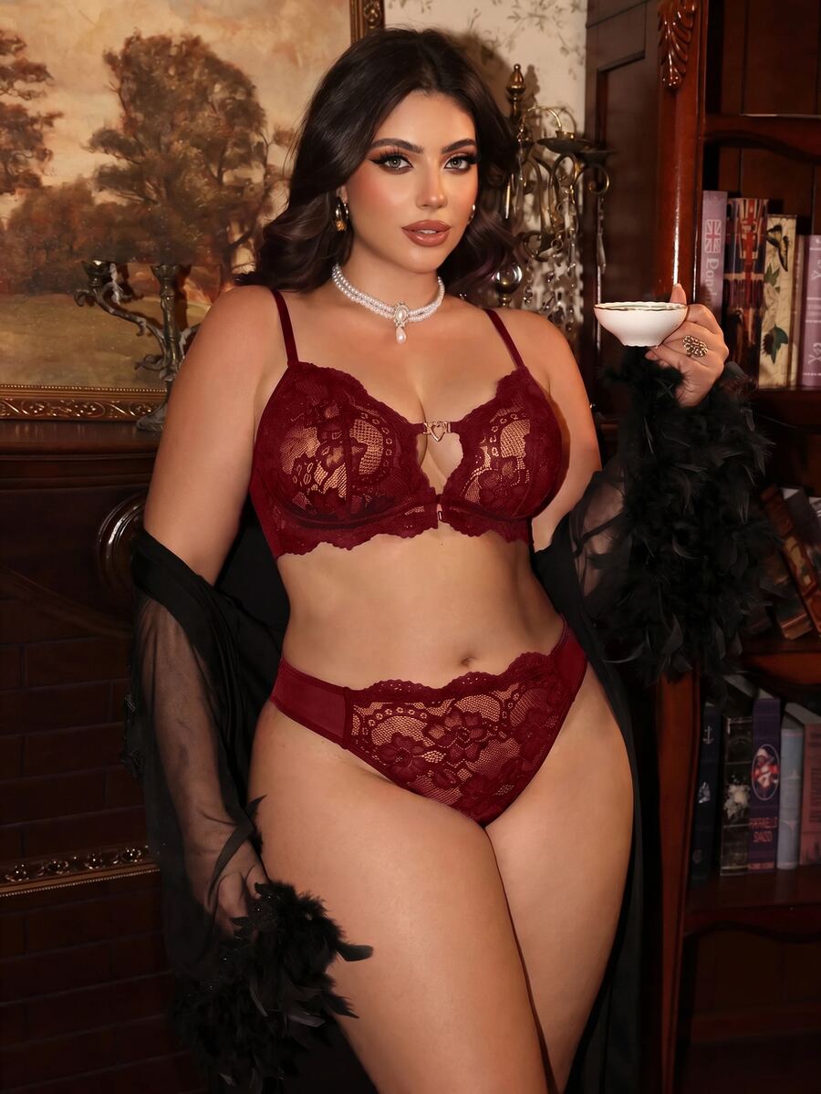 Divavoom 2pcs Lace Front Closure Wireless Plus Size Bra For Women - Burgundy - View 1
