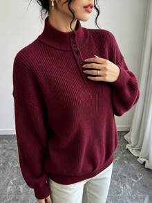 Trelyra Women's Solid Color Casual Daily Long Sleeve Sweater - Burgundy - View 8