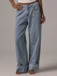 MUSERA Mid Rise Loose Fitted Mid Rise Turned Up Hem Denim Jeans Summer Daily Eveyday Core Denim Travel Light Blue Streetwear Casual - Baby Blue - View 2
