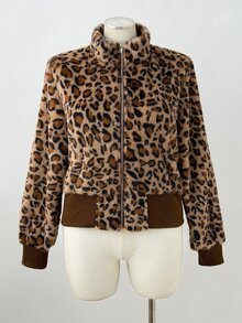 Sunspun Small Stand Collar Leopard Print Plush Short Thick Jacket Winter - Brown - View 7