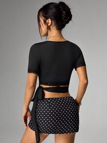 Easithlete Women's Solid Color Contrast Lace Side Waist Knot Equestrian Sports T-Shirt - Black - View 2