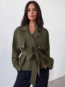 Firerie 女款風衣、畢業季、女教師套裝、秋冬返校穿搭 - 軍綠色 - 查看 4