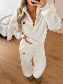 SHEIN EZwear 女款騎士圖案長袖上衣與長褲休閒日常兩件套 - 杏色 - 查看 6