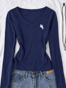 Kids Teen Girls Casual Minimalist V-Neck Versatile Slim Fit Long Sleeve T-Shirt Suitable For All Seasons - Multicolor - View 5