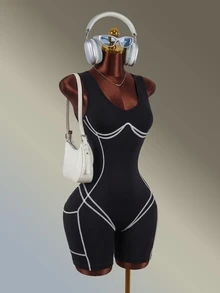 Amplova Women's Black & White Contrast V-Neck Short Jumpsuit - Black and White - View 7
