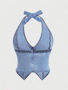 SHEIN CURVE+ Atasan Denim Leher Halter Kasual Serbaguna untuk Wanita Ukuran Plus, Cocok untuk Sehari-hari - Biru - View 2