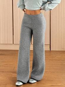 SHEIN EZwear Women's Solid Color Elastic Waist Casual Flared Knit Long Pants - Grey - View 4