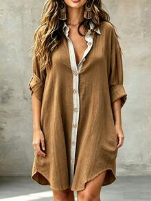 SHEIN LUNE CURVE Women's Plus-Size Autumn Shirt Dress: Cropped, Color-Block, Mock-Collar/Fold-Over Collar Design; Comfortable Style Suitable For Lounging Or Commuting - Khaki - View 8