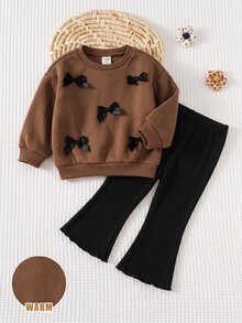 SHEIN 女嬰蝴蝶結裝飾長袖衛衣與鬆緊腰長褲套裝 - 棕色 - 查看 2