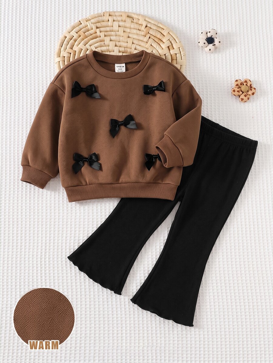 SHEIN Baby Girl Bow Decor Long Sleeve Sweatshirt And Elastic Waist Long Pants Set - Brown - View 1