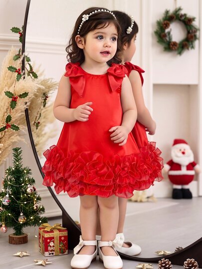 Baby Girl Ruffle Patchwork Bow Decor Dress Burgundy Dress Suitable Birthday Dress Wedding Guest Dress Christmas